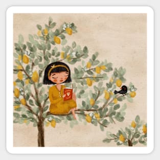 A Girl Reading on a Lemon Tree Sticker